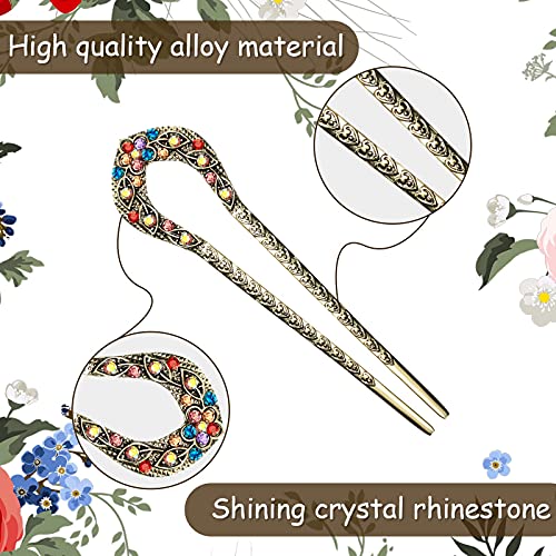 Waydress 5 Pcs Vintage Hair Fork French Hair Pin for Buns Metal Chignon Pin Chopsticks Crystal Rhinestone Double Prong Hairpin Stick U Shaped Bun Accessories for Women(Elegant Pattern)