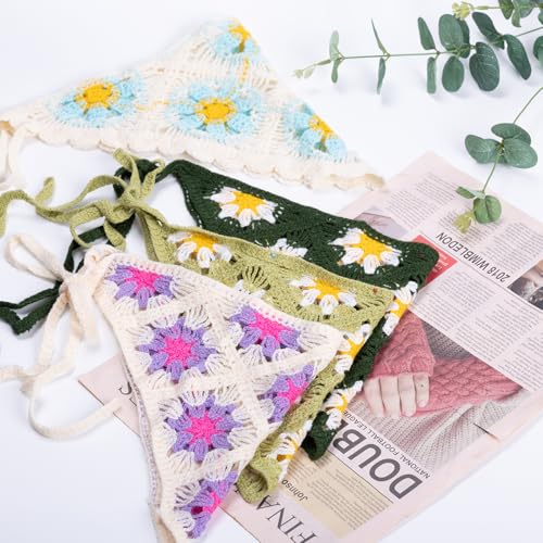 4 Pack Crochet Bandanas Boho Bandana Headband Cute Flowers Knitted Head Scarf (Daisy) - color: Daisy