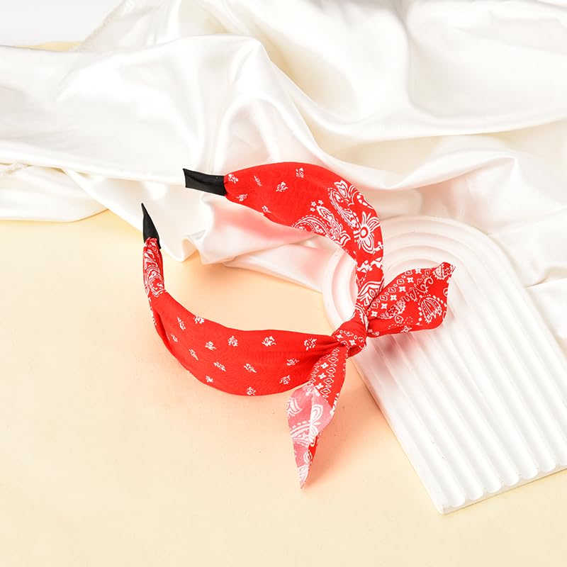 Red Boho Paisley Bandana Hair Bands with Knotted Bow and Rabbit Ear Headbands for Women and Girls - Non-Slip Headbands - color: red