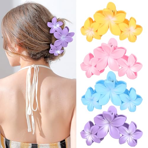 4PCS Hawaiian Plumeria Large Claw Clips for Women - Non-Slip Strong Hold Flower Hair Clips for Thick Hair (Colorful) - color: pink, yellow, blue, purple