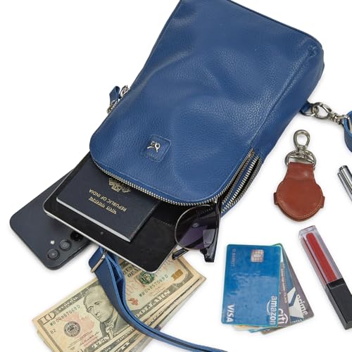 Leather Sling Bag for Women Genuine Crossbody Purse Small Trendy Cross Over Chest with Phone and Credit Card Slots (Sapphire Blue Nappa) - color: Sapphire Blue Nappa