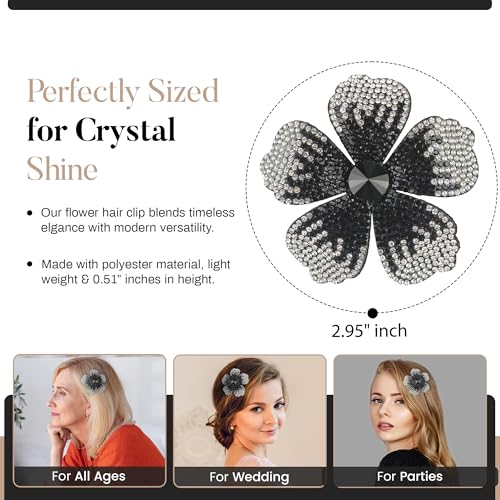 2.9 Inches Created Crystal Hibiscus Hawaiian Flower Hair Clips for Women | Boho Braids Artificial Flower Clips for Hair - color: Black