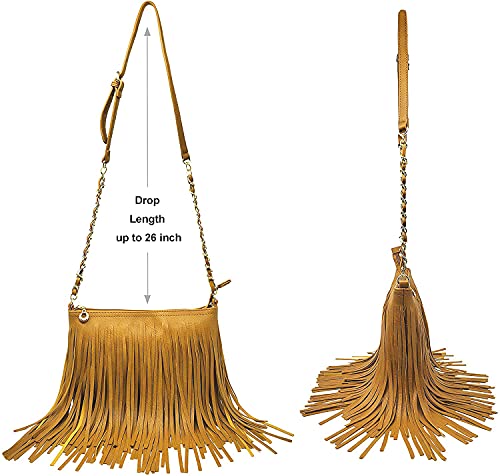 Solene Fringe Crossbody Shoulder Bag with Strap, Tassel Messenger bag, Country Style Western Fringe Purse for Women - color: Mustard