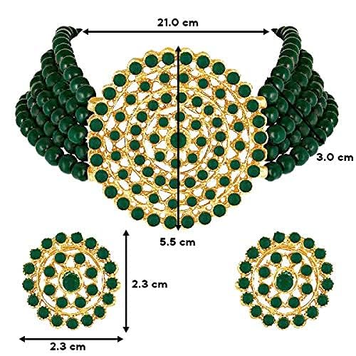 Aheli Pearl Diamond Choker Necklace & Round Earrings Gift for Women Indian Traditional Bollywood Fashion Bharatanatyam jewellery set - color: Green 2