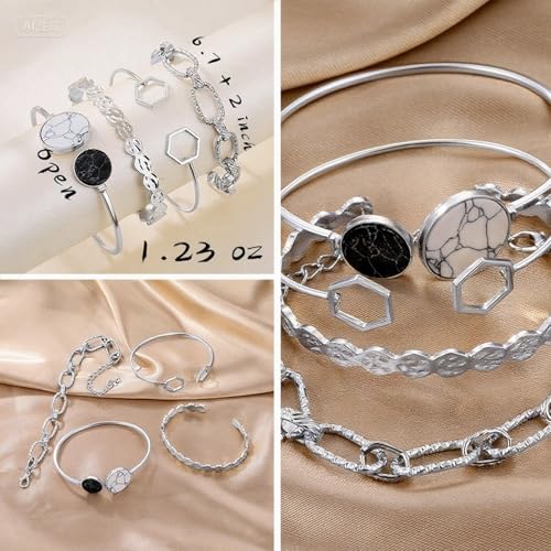IFKM Gold Chain Bracelets Set for Women, 14K Gold Plated Multiple Layered Stackable Open Cuff Bangle Bracelet Anklet Bracelets Adjustable Link Tennis Beads Italian Cuban Jewelry for Women Gift - style: 24PCS Silver Set