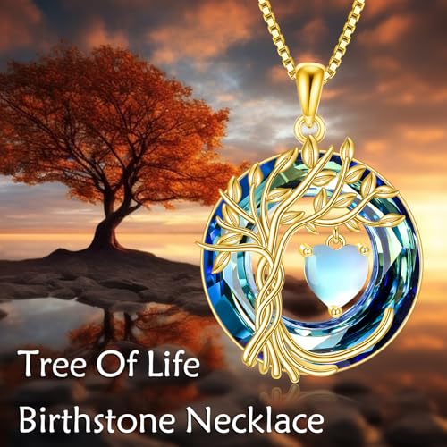 POPLYKE Mothers Day Gifts for Mom Her Wife Tree of Life Necklace 925 Sterling Silver Birthstone Pendant with Crystal Anniversary Birthday Wedding Jewelry for Women - color: 06-Jun-Moonstone, style: 18K Gold Plated-Blue Crystal