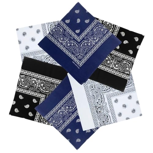 MDSTYLE 6 Pack 100% Cotton Bandanas 22” x 22" for Men & Women Paisley Handkerchief Headband Scarf Bandana - color: Navy Blue X2, Black X2, White X2