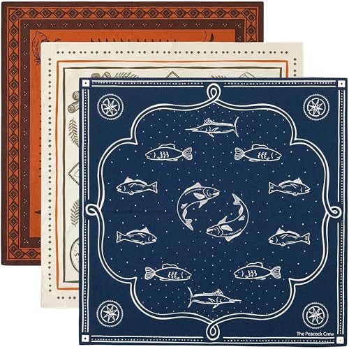 The Peacock Crew Premium Soft Cotton Bandanas Pack for Men and Women Paisley 22 x 22 inches - color: 3 Pack Hiker Western Fish