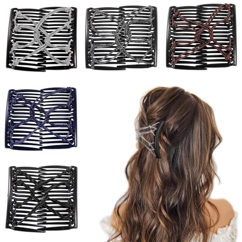 5 Pieces Stretchy Magic Adjustable Elastic Comb Hair Clips for Women Girls - No Crease Vintage Bun Maker Accessories for Curly Thick Wavy Hair Ponytails - color: Navy blue,Black,Silver,Grey,Brown