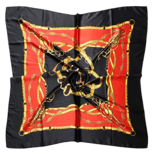 vabovin Satin Head Scarf for Women Silk Like Hair Scarf, 35 x 35 in | Silk Feel Fabric, Hair Wrap for Sleeping, Headscarf and Neck Scarf, Square Bandana Style, Fashion Accessory - color: 005 Red Black Chain Print