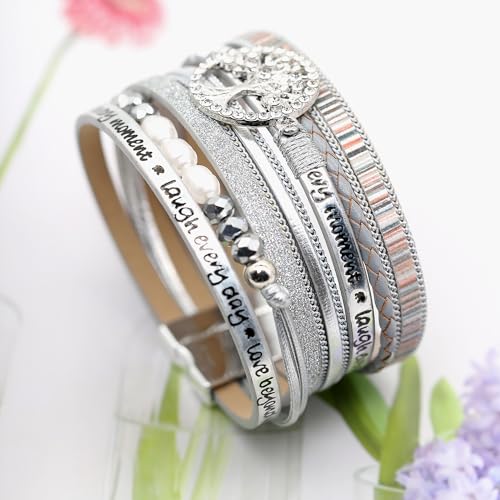 Boho Leather Wrap Bracelets Bohemian Crystal Bracelets Trendy Layered Bracelet with Magnetic Clasp Jewelry Gifts for Women - color: White