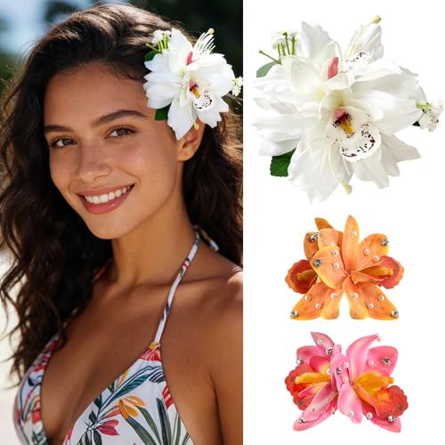 3 PCS Hawaiian Flower Hair Clips for Women，Artificial Flower Clips tropical party decorations，Hibiscus Hair Accessories for Wedding Bridal Beach Party - Orchid & Lily - color: Orchid & Lily