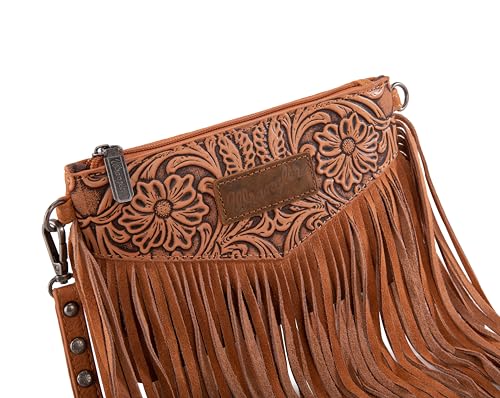 Wrangler Crossbody Small Purse for Women Wristlet Fringe Bag Western Purse - color: Angel Light Brown