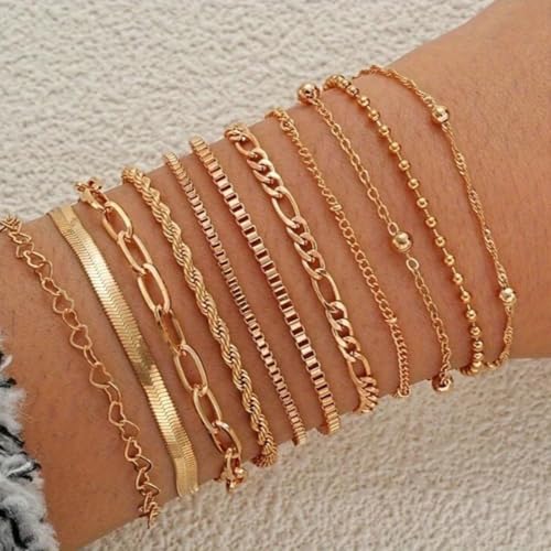 47pcs Gold Jewelry Set With 3 PCS Necklace, 11 PCS Bracelet,20pcs Hoop Stud Earrings,7pcs rings set For Women For Birthday Gifts - color: Gold
