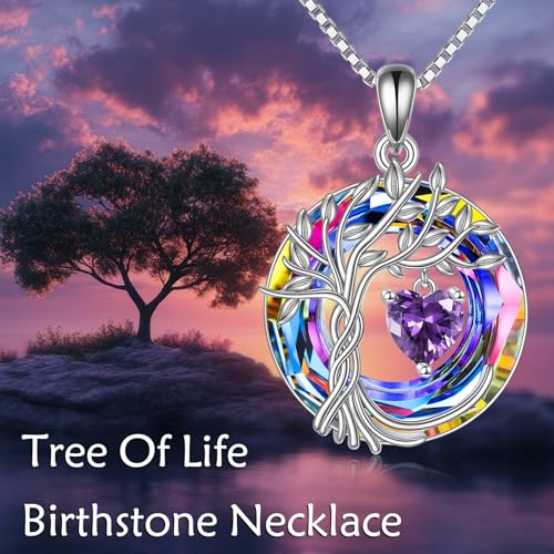 POPLYKE Mothers Day Gifts for Mom Her Wife Tree of Life Necklace 925 Sterling Silver Birthstone Pendant with Crystal Anniversary Birthday Wedding Jewelry for Women - color: 02-Feb-Amethyst, style: White Gold Plated-Volcano Crystal