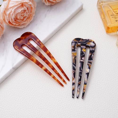 HYFEEL Large French Hair Pins for Women, 3-Prong French Pins for Thick Hair, U Shaped Hair Forks, French Twist Hair Pin Clips, Updo Hair Sticks for Buns, 2 Pcs (Tortoise, Brown)