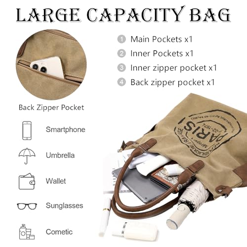 KAMEILONG Large Canvas Tote Bag for Women with Zipper Everyday Crossbody Bag Laptop Shoulder Bag Hobo Handbag - color: Green