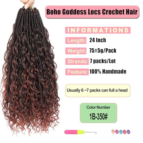 Goddess Locs Crochet Hair 7 Packs Bohemian Faux Locs Pre-Looped Braids, Boho Goddess Soft Locs Crochet Hair with Curly Ends Hair Extensions for Women (T350, 24 Inch) - color: T350, size: 24 Inch