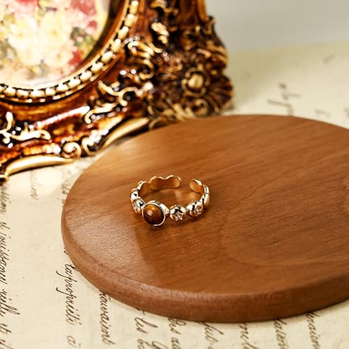 14K Gold Plated Tigers Eye Boho Ring for Women, Star Cubic Zirconia Vintage Statement Jewelry, Adjustable Open Ring