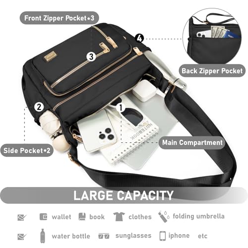 NPBAG Crossbody Bag for Women, Shoulder Purse Handbag Messenger Bag, Trendy Pocketbooks, Waterproof and Multi-Pockets - color: Black