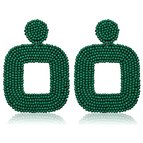 Beaded Drop Earrings Multicolored Seed Bead Earrings for Women Bohemia Statement Square Bead Hoop Dangle Earrings for Wedding Party Vacation - color: G Green
