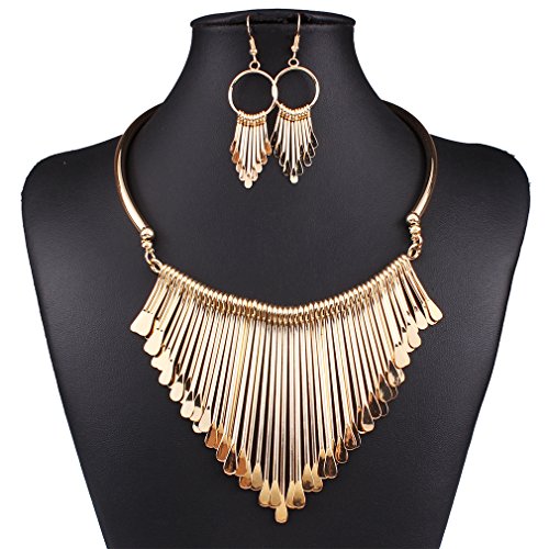 YAZILIND Women Ethnic Style Tassel Drop Pendant False Collar Statement Necklace Earrings Set - color: Gold