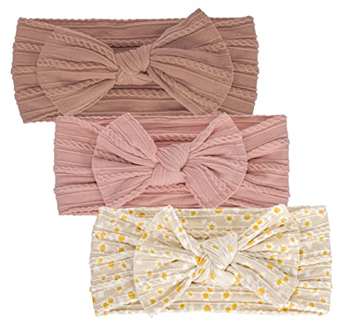 Baby-Girls Floral-Bows-Headband Baby-Turban-Knotted-Elastic-Soft-Headwrap for Newborn-Infant-Toddler Hair-Accessories - color: Khaki+Pink+Floral 3pcs
