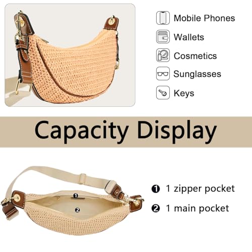 Straw Crossbody Bags for Women Crescent Woven Shoulder Handbag Summer Beach Hobo Purses with Adjustable Strap - color: Orange