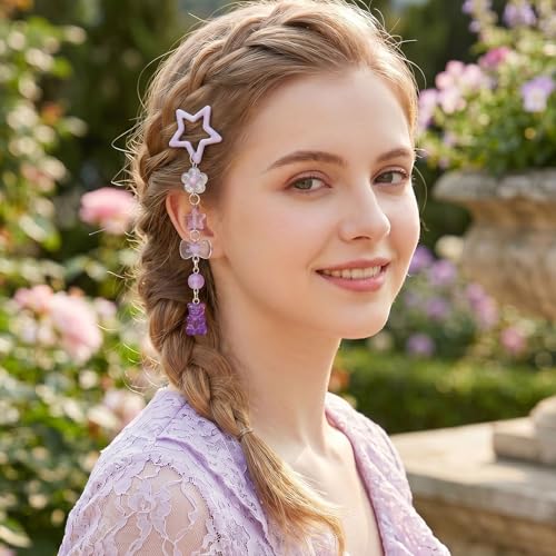 Pndeyo 2pcs Star Tassels Hair Clips for Women, Bow Bear Non-Slip 2000s Y2k Snap Barrettes, Cute Star Beaded Pendant Pin Accessories for Braid Long Short Thin Thick Hair- Purple - color: Purple-B Style