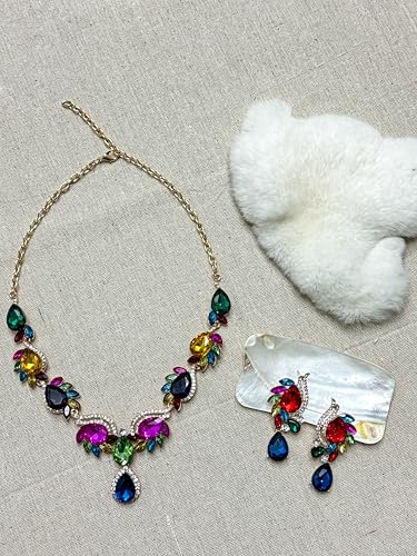 Women Jewelry Set Rhinestone Crystal Bride Statement Choker Necklace Teardrop Cluster Dangle Earrings Set for Wedding Prom Party - color: Colorful