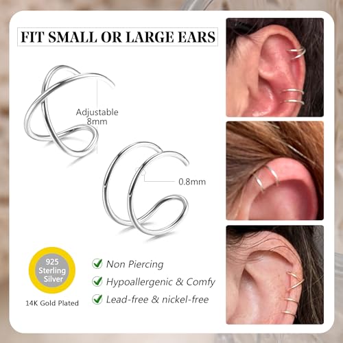 MILACOLATO 4Pcs 925 Sterling Silver Ear Cuffs for Women 14K Gold Plated Adjustable Ear Cuffs Non Piercing Minimalist Ear Cuff Earrings Fake Helix Cartilage Clip on Earrings Hypoallergenic - color: Silver