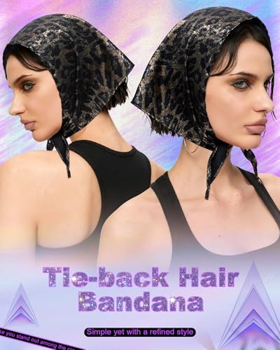 Punk Triangle Head Scarf with Metal Charms - Y2K Sparkly Bandana for Women | Vintage Neck Scarf for Festival Party Concert - color: Leopard Black and Gold