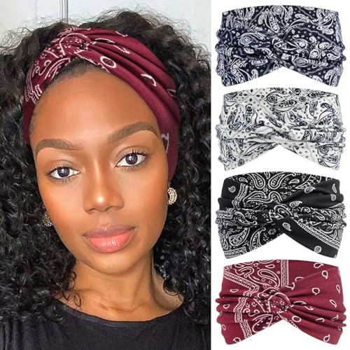 Boho Bandana Headband For Women Wide Headbands Knotted Turban Head Wraps Cute Head Scarf Hairband Paisley Fashion Hair Wrap Turban Bands Workout Bandana Hair Accessories For Women 4 Pack - color: Style 123