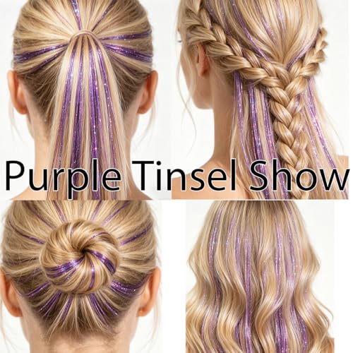 Celinebella Plum Purple Hair Tinsel, 48" 1250 Strands Midnight Orchid | Deep plum orchid shade, rich high-density shimmer, heat resistant, ideal for night parties formal events & cosplay - color: 06-Midnight Orchid, size: 48 Inch Pack of 5Pcs