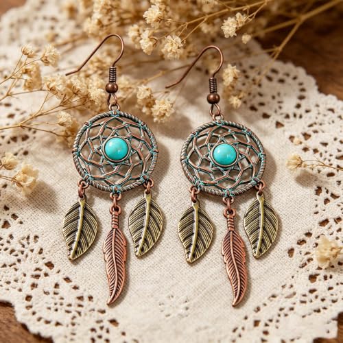 Boho Turquoise Drop Earrings Retro Long Copper Feather Tasse Metal Leaf Dangle Earrings Vintage Country Western Jewelry Cowgirl Ethnic Style Geometric Concert Festival Accessories for Women - color: Dream Catcher Copper
