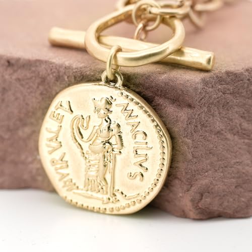 Chunky Gold Coin Pendant Necklace Trendy Layered Statement Chain for Women, Antique Toggle Design with Thick Link, Fashionable Necklaces for Women - color: 2pcs worn gold coin + Herringbone