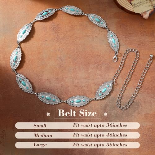 XZQTIVE Women Boho Chain Belts For Dresses Jeans Western Cowgirl Waist Links Belt Adjustable Metal Concho Belt - size: Fit Waist upto 36inches, style: Turquoise Bright Silver
