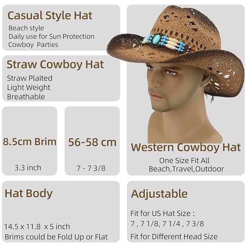 Straw Cowboy Hat, Western Cowgirl Hat, Wide Brim Sun Beach Hat for Men and Women - color: Khaki-m20
