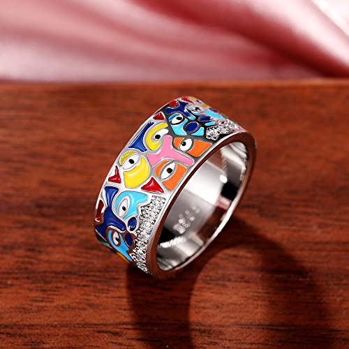QUSIIOSLK 925 Sterling Silver Enamel Eye Rings Inlay AAA Cubic Zirconia Enamel Ring Boho Retro Turkish Handmade Engraved Coloful Eye Y2K Ring Jewelry Gift for Women 6 - size: 6