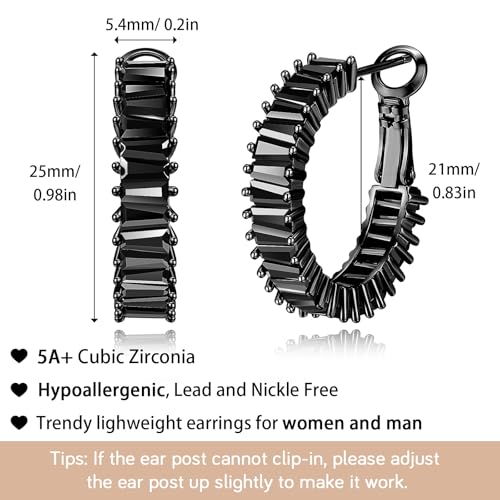 Trendy 14K Gold Plated Hoop Earrings for Women, Chunky Gold/Silver Earrings for Women Cubic Zirconia Baguette Hoop Earrings Heart Hoops Lightweight Hypoallergenic Jewelry,25mm/35mm/40mm/50mm - color: 01 Black CZ Hoops 25mm