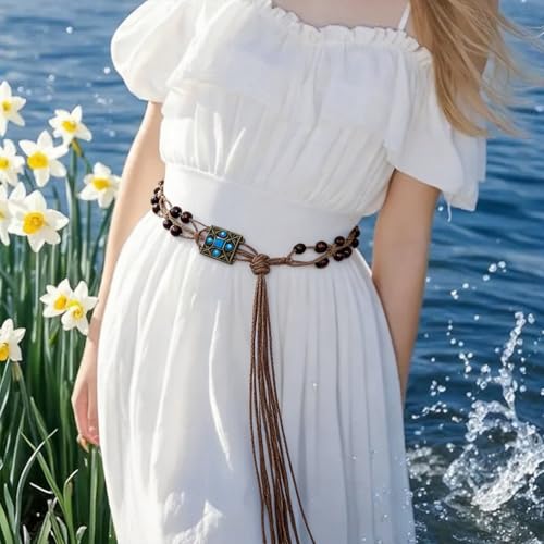 Boho Flower Wooden Bead Waist Belt, Vintage Woven Body Chain, Adjustable Cord Jewelry for Jeans Dress & Beach Wear - color: Blue1