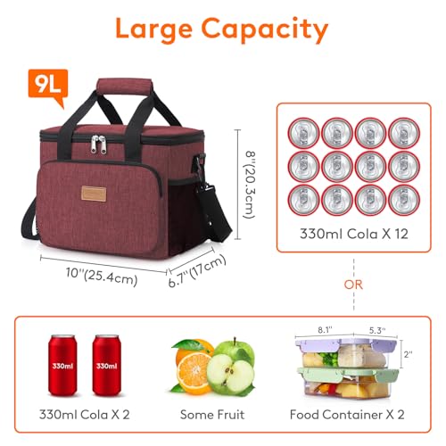 Lifewit Medium Lunch Bag, Insulated Lunch Box, Soft Cooler Cooling Tote for Adult Men Women, Burgundy 12-Can (9L) - color: Burgundy, size: Medium(9L)