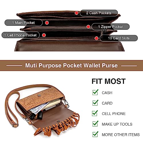 LAVAWA Small Crossbody Bags for Women Crossbody Handbag Fringe Purse Tassel Shoulder Bag Turquoise Concho Wallet - color: Western Brown