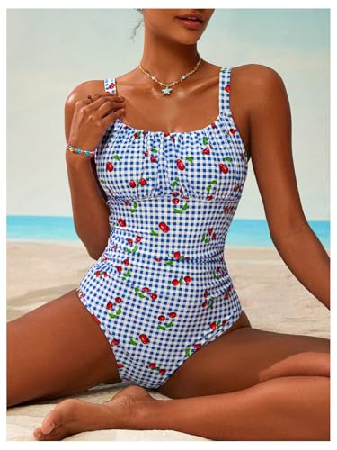 BEAUDRM Women's Boho Floral Print One Piece Swimsuit Y2K Bathing Suits Swimwear Beachwear - color: Blue Cherry, size: Large