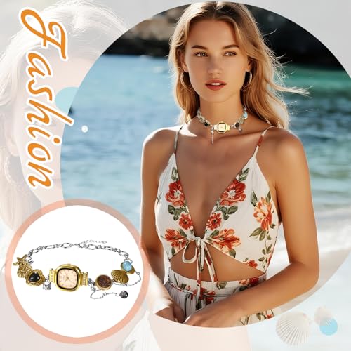 Avaner Women's Choker Watches Necklace: Vintage Retro Handmade Gold Silver Square Boho Style Stainless Steel Analog Quartz Pendant Necklace Watch for Party Costumes