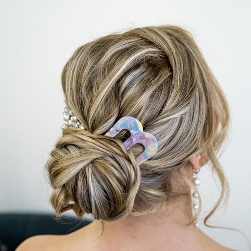 4 Pcs Large French Pins for Thick Hair 3-Prong Hair Forks Retro U Shaped Hair Pins for Women French Twist Hairs Pin Clips Chignon Pin Hairstyle Accessories (Blue Mermaid Light Tortoise Pink)