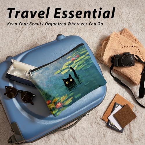 Black Cat Makeup Bag, Black Cat Mom Lovers Lady Gifts Cosmetic Bag for Women, Pet Lover Gifts, Impressionist Whimsical Waterlily Kitten Small Toiletry Bags Zipper Makeup Pouch - color: 02-Cat(00)