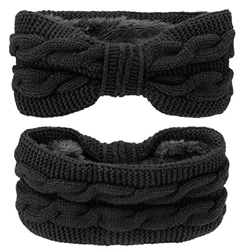 DRESHOW Crochet Ear Warmer Headband Soft Knit Chunky Turban Stretch Thick Headbands Warmer Fuzzy Head Wrap for Women - color: 1 Pc Double Twist: Black