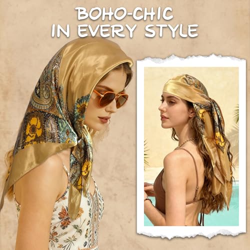 Large Square Head Scarf Bandana - 35" Satin Hair Scarf for Women Like Silk Scarf Fashion Hair Wrapping - color: Paisley(brown), size: 35IN*35IN