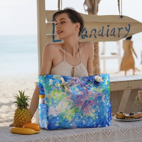 Clothirily Beach Bag for Women - Large Beach Tote Bag, Waterproof Sandproof Beach Bag with Zipper, Large Swim Pool Beach Tote - color: Tie Dye Blue
